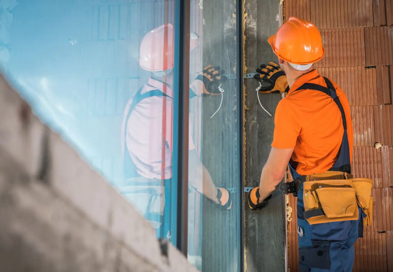 Man wearing hardhat installing a new window