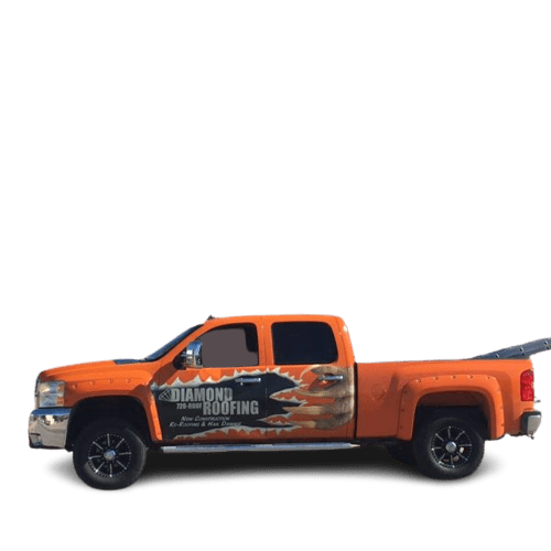 Orange Diamond Roofing truck at residential roofing project.