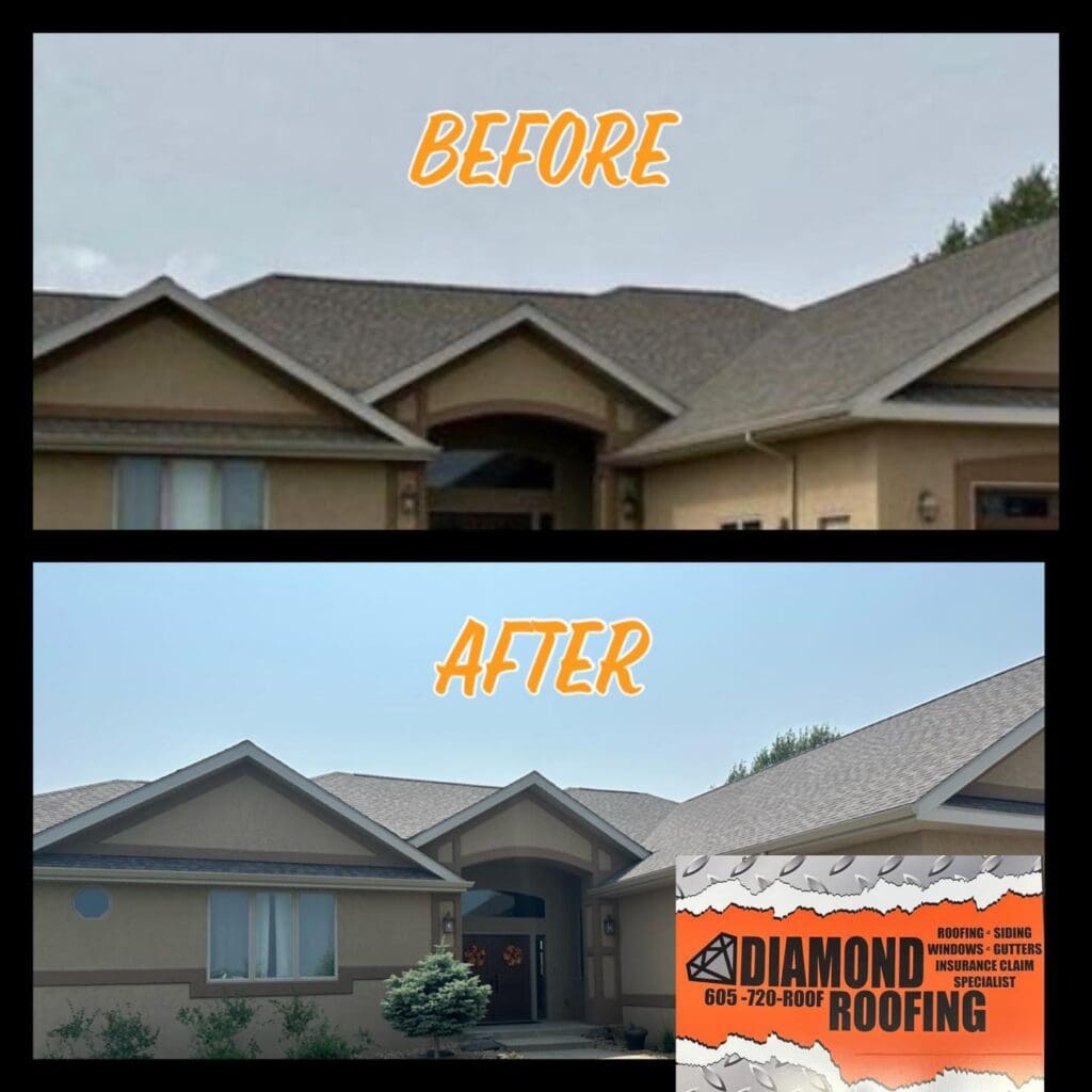 Before and after photo showing roofing repair