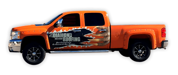 Orange truck with Diamond Roofing graphics Orange truck with Diamond Roofing graphics